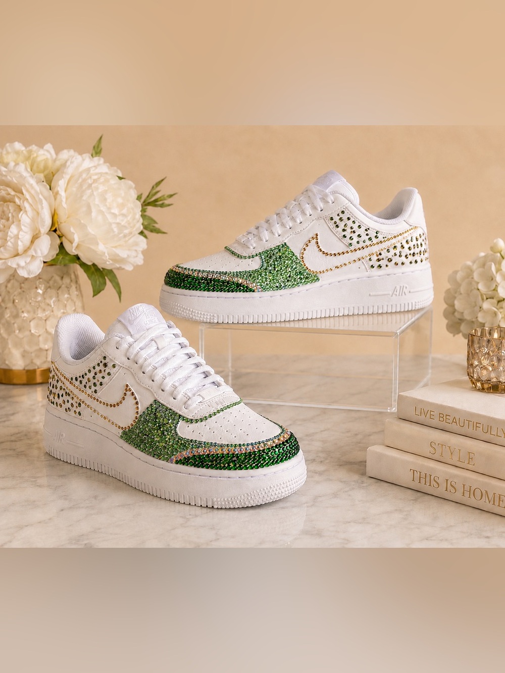 Custom Nike Air Force 1 Green Crystal Rhinestone Sneakers Women’s 8.5 - Picture 3 of 7
